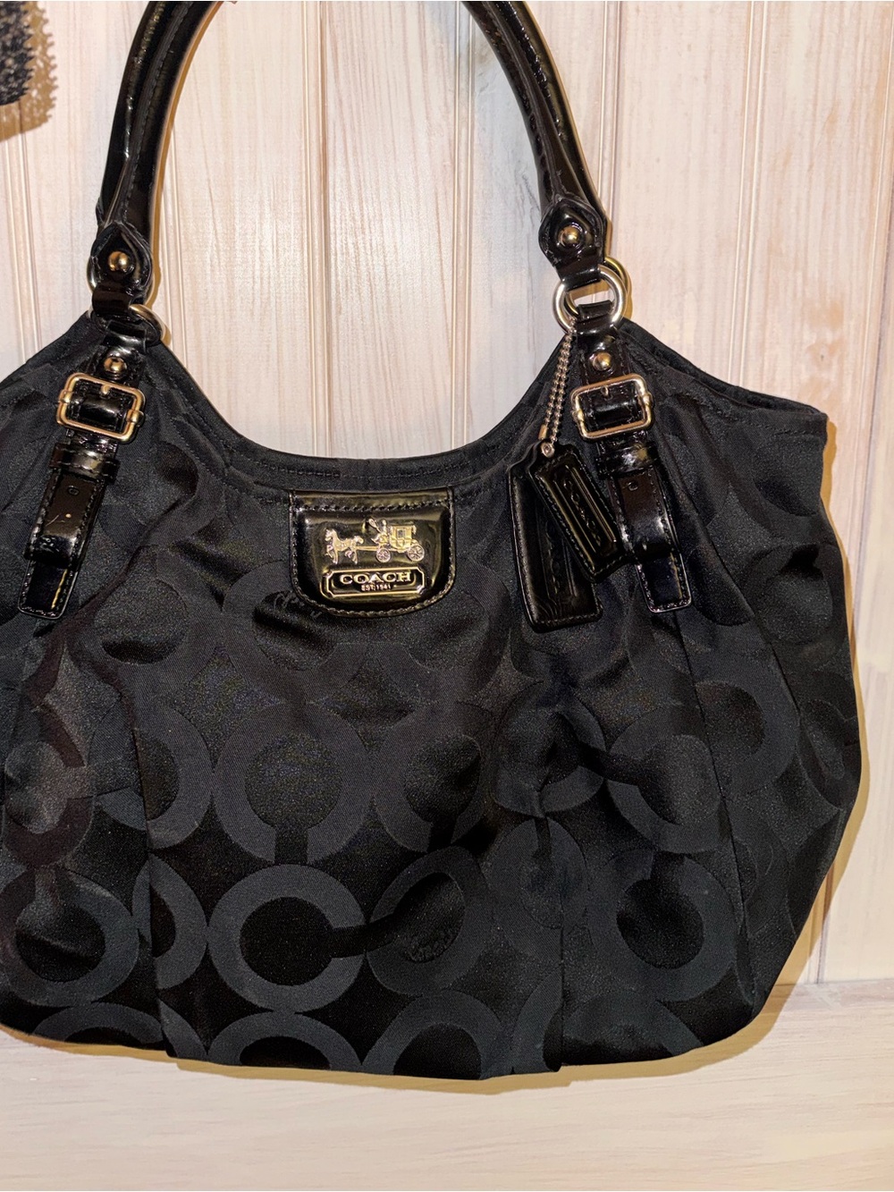 Coach Black Signature Nylon Shoulder Bag with Black Patent Handles - Picture 7 of 7